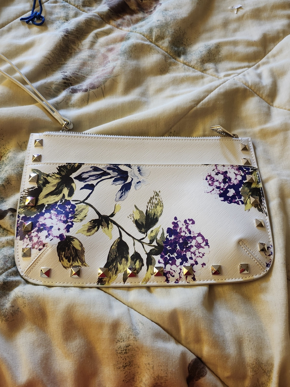 White House Black Market Floral Studded White Wristlet with Purple Accents
